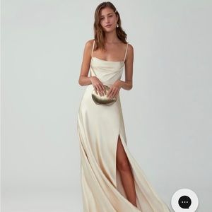 Fame and Partners Draped Strappy Satin Gown